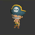 Cartoon Man Wearing Blue Pirate Hat With Yellow Trim Skull Symbol Striped Shirt Red Shoes