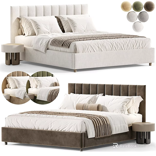 Modern Double Bed Interior Design With Striped Bedspread Upholstered Headboard And Nightstand 3d model 
