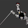 White Robot Figure With Glowing Sword Blue Yellow Red Details Standing On Reflective Floor