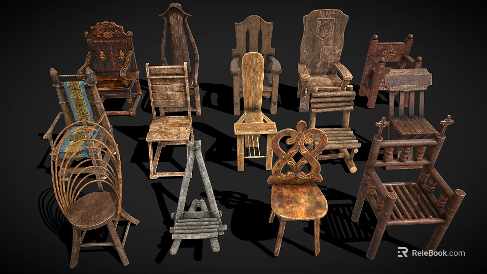 Vintage Wooden Chairs Collection With Various Traditional Designs And Styles 3d model 
