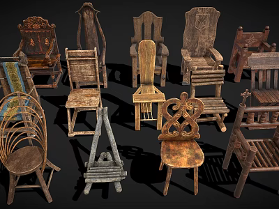 Vintage Wooden Chairs Collection With Various Traditional Designs And Styles 3d model