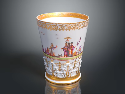 Elegant Classical Porcelain Cup With Intricate Golden Trim And Colorful Figurative Designs 3d model