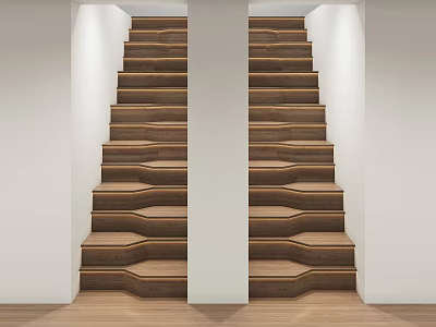 Two Parallel Wooden Stairs With Wavy Edges And White Walls Under Overhead Lighting 3d model