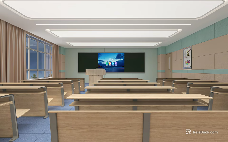 School Modern Classroom Interior With Wooden Desks Blackboard Projector Teacher's Desk And Windows 3d model 