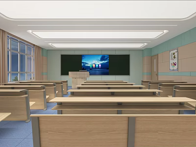 School Modern Classroom Interior With Wooden Desks Blackboard Projector Teacher's Desk And Windows 3d model