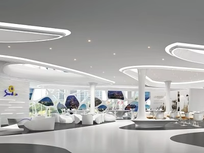 Modern Exhibition Hall Interior With Curved Lighting Glass Windows White Seats And Blue Decorations 3d model