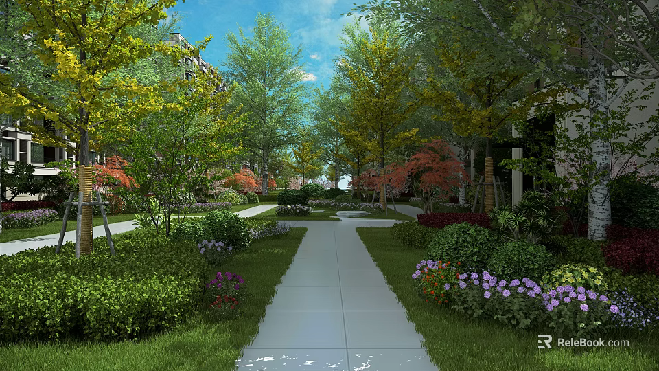 Garden Landscape Featuring White Pathway Green Lawn And Colorful Trees Flowers 3d model 