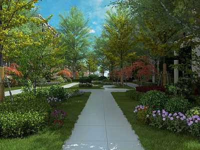 Garden Landscape Featuring White Pathway Green Lawn And Colorful Trees Flowers 3d model