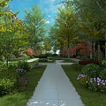 Garden Landscape Featuring White Pathway Green Lawn And Colorful Trees Flowers