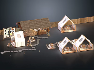 Charming Camping Site With Thatched Roof Building White Tents And Stone Path 3d model