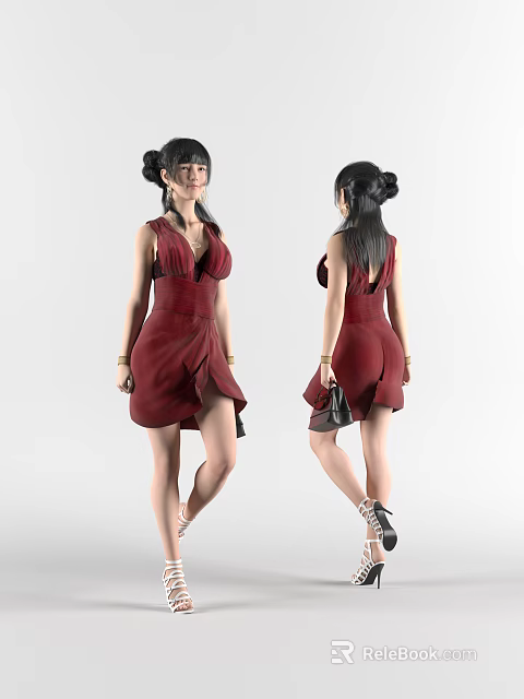 Elegant Woman in Sleeveless Red Dress with Bun Hairstyle Bracelets High Heels and Handbag 3d model 