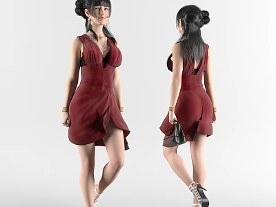 Elegant Woman in Sleeveless Red Dress with Bun Hairstyle Bracelets High Heels and Handbag 3d model