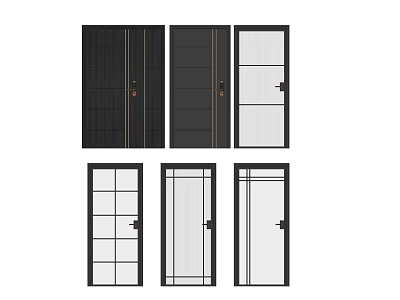 Various Hinged Door Designs Featuring Black Frames Glass Panels and Grid Patterns 3d model