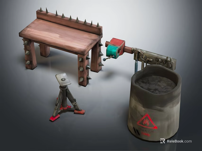 Heavy Duty Hardware Tools Workbench With Spikes Mechanical Arm Tripod And Warning Barrel 3d model 