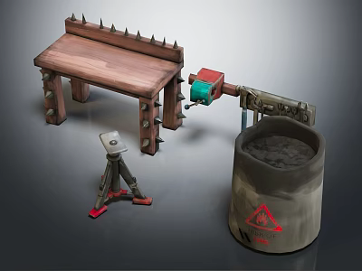 Heavy Duty Hardware Tools Workbench With Spikes Mechanical Arm Tripod And Warning Barrel 3d model