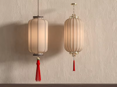 Two Traditional Chinese Fabric Lanterns with Light Shades and Red Tassels Hanging on Beige Wall 3d model