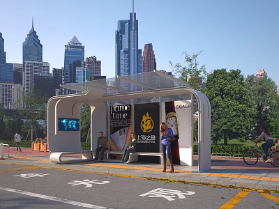 Modern Urban Bus Stop With Transparent Roof Billboard Near Trees And Tall Buildings 3d model