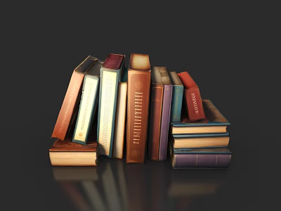 Colorful Stack of Various Size Books with Dark Background and Reflection 3d model