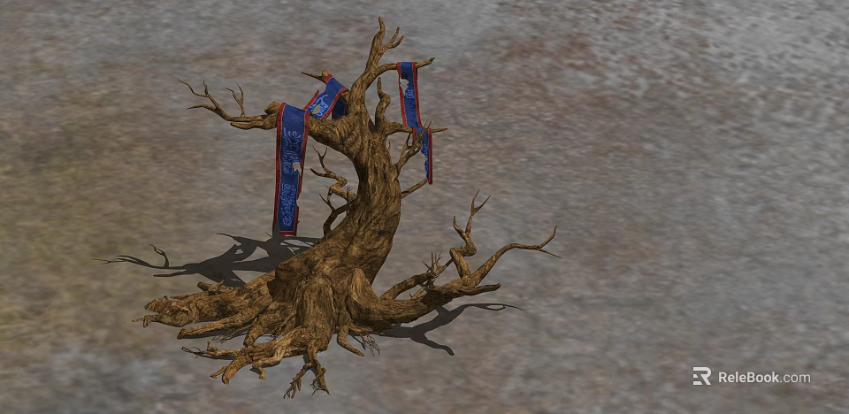 Withered Tree Root With Blue Decorative Ribbons On Textured Ground 3d model