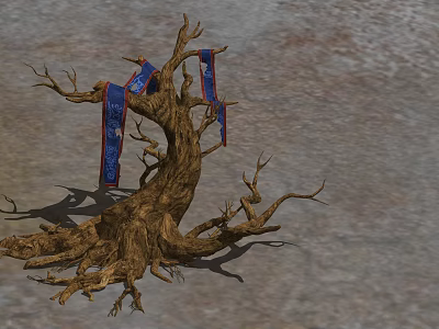 Withered Tree Root With Blue Decorative Ribbons On Textured Ground 3d model