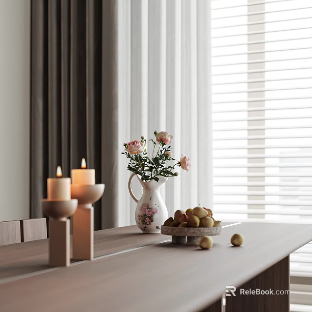 Decorative Ornaments Set With Wooden Candle Holders Vase Pink Flowers And Fruit Tray On Table 3d model 