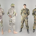 Military Soldiers in Various Camouflage Uniforms Front and Back Full Body Poses