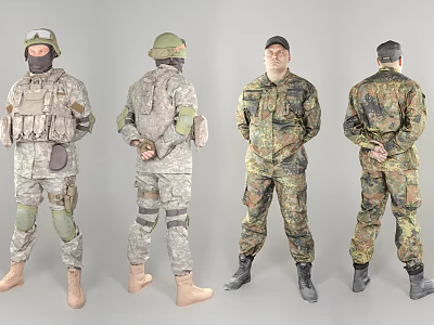 Military Soldiers in Various Camouflage Uniforms Front and Back Full Body Poses 3d model
