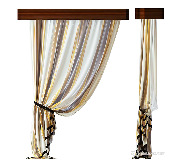 Window Curtains with Striped Yellow White Brown Design Lightweight Sheer Fabric Tied with Black Ribbons 3d model 