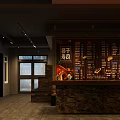 Modern Restaurant Interior With Wooden Reception Stone Counter Wine Rack And Warm Lighting
