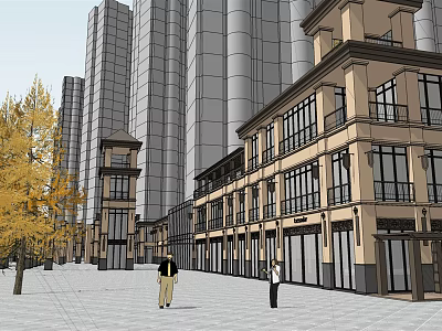 Commercial Street Featuring Traditional Low Rise Buildings Modern Skyscrapers Pedestrians and Yellow Leaf Trees 3d model