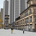 Commercial Street Featuring Traditional Low Rise Buildings Modern Skyscrapers Pedestrians and Yellow Leaf Trees