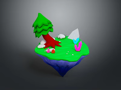 Floating Fantasy Island With Green Grass Red Trunk Tree White Stones And Decorations 3d model