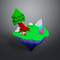 Floating Fantasy Island With Green Grass Red Trunk Tree White Stones And Decorations