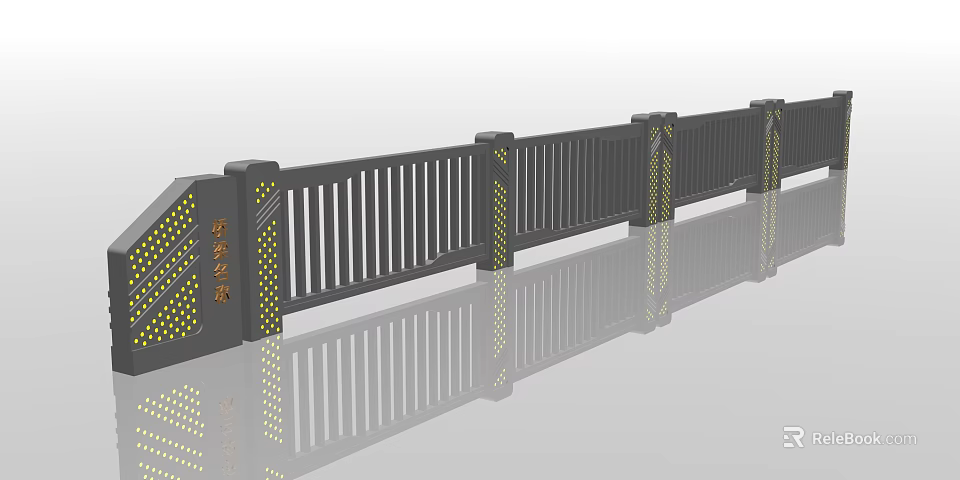 Modern Black Metal Fence With Vertical Slats And Gold Accent Pillars For Outdoor Use 3d model 