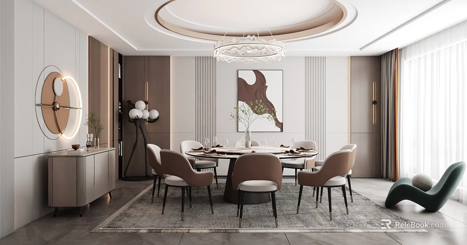 Luxury Private Dining Room With Round Table And Modern Chairs 3d model 
