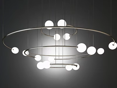 Modern Chandelier With Layered Metal Rings And Circular Bulbs Hanging Design 3d model