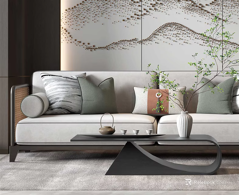 Black Modern Coffee Table with Tea Set and Vase and Sofa Pillows and Patterned Wall 3d model