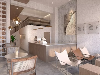 Modern Café Interior Design With Textured Wall Art Wooden Counter And Hanging Lights 3d model