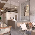 Modern Café Interior Design With Textured Wall Art Wooden Counter And Hanging Lights