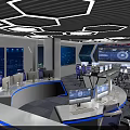 Modern Control Room Interior With Curved Consoles Multiple Monitors And Blue Chairs