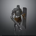 Medieval Armored Knight In Silver Metallic Armor Holding Sword And Shield With Brown Decoration