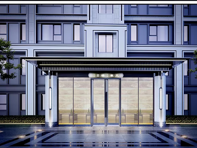 Modern Building Entrance Gate with Glass Doors Metal Frame Canopy Lighting Reflective Pavement and Trees 3d model