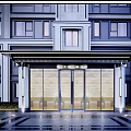 Modern Building Entrance Gate with Glass Doors Metal Frame Canopy Lighting Reflective Pavement and Trees