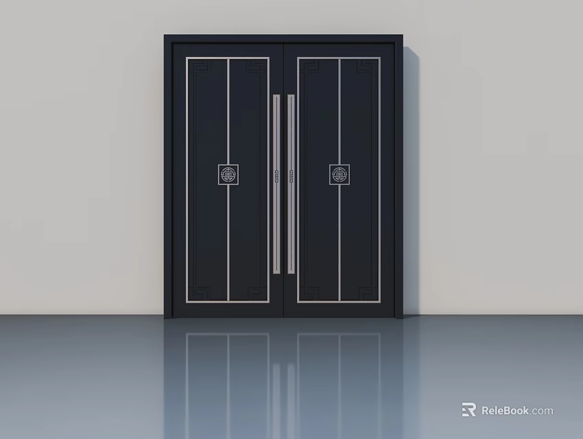 Modern Black Double Swing Doors With Silver Handles And Frames For Contemporary Interior 3d model