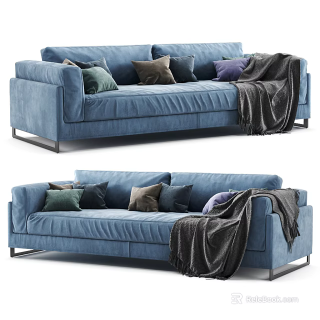 Modern Blue Sectional Sofa With Various Colored Throw Pillows And Blanket 3d model