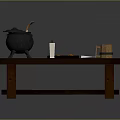 Rustic Wooden Table With Cast Iron Cauldron Wooden Spoon White Candle Oranges Knife And Barrel