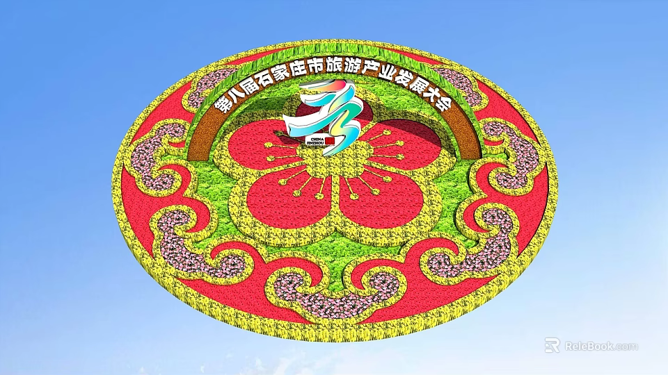 Vibrant Circular Floral Decoration With Red Flowers Green Yellow And Purple Ornamental Patterns 3d model 