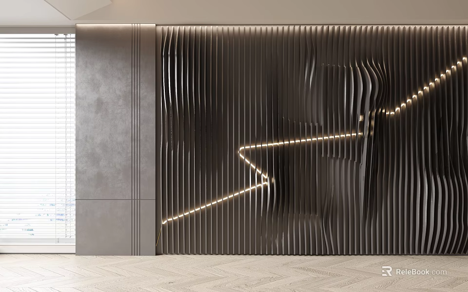 Elegant Modern Black Feature Wall With Wavy Texture Metal Strips And Light Strips 3d model 