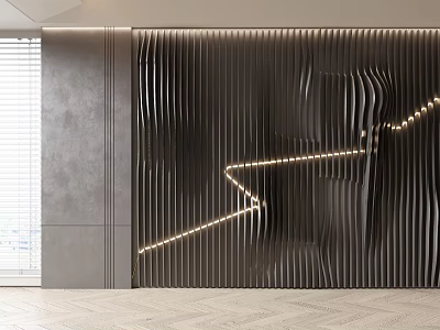 Elegant Modern Black Feature Wall With Wavy Texture Metal Strips And Light Strips 3d model