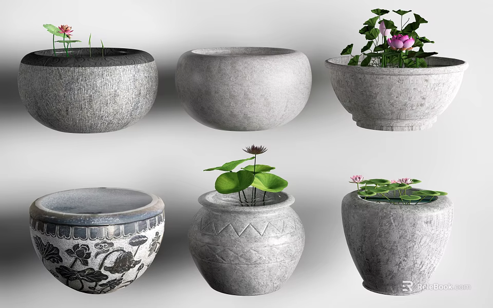 Unique Garden Decorative Planters With Lotus Plants And Textured Ceramic Designs 3d model 